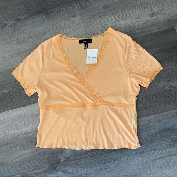 Forever 21 Ribbed Surplice Top Lace Trim Peach Plus 1X - Picture 2 of 11